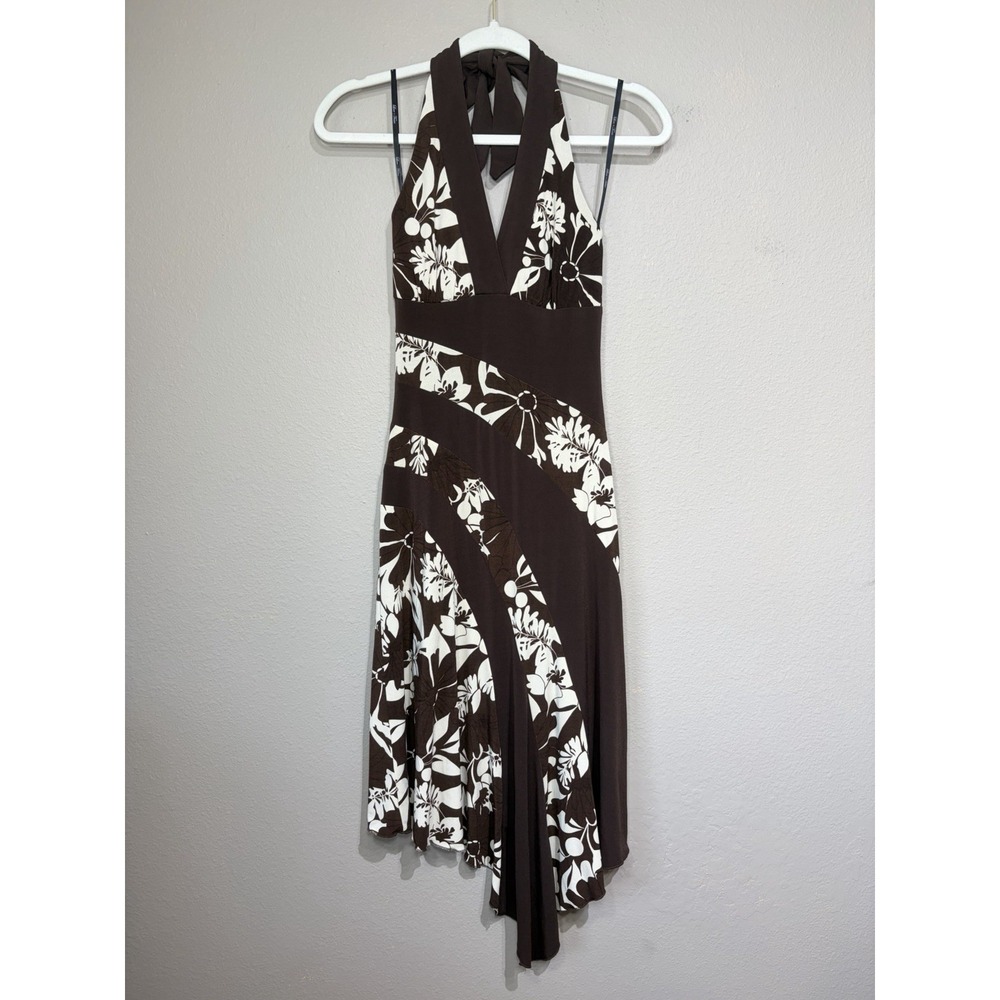 Y2K Retro Brown Floral Halter Dress Small Asymmetrical Handkerchief Hem Stretch